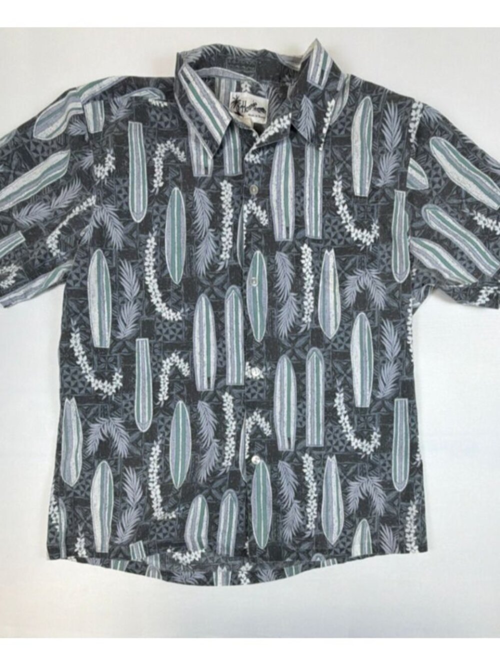 Howie Made in Hawaii Men M Surfboard Palm Leaf Aloha Hawaiian Shirt Grey